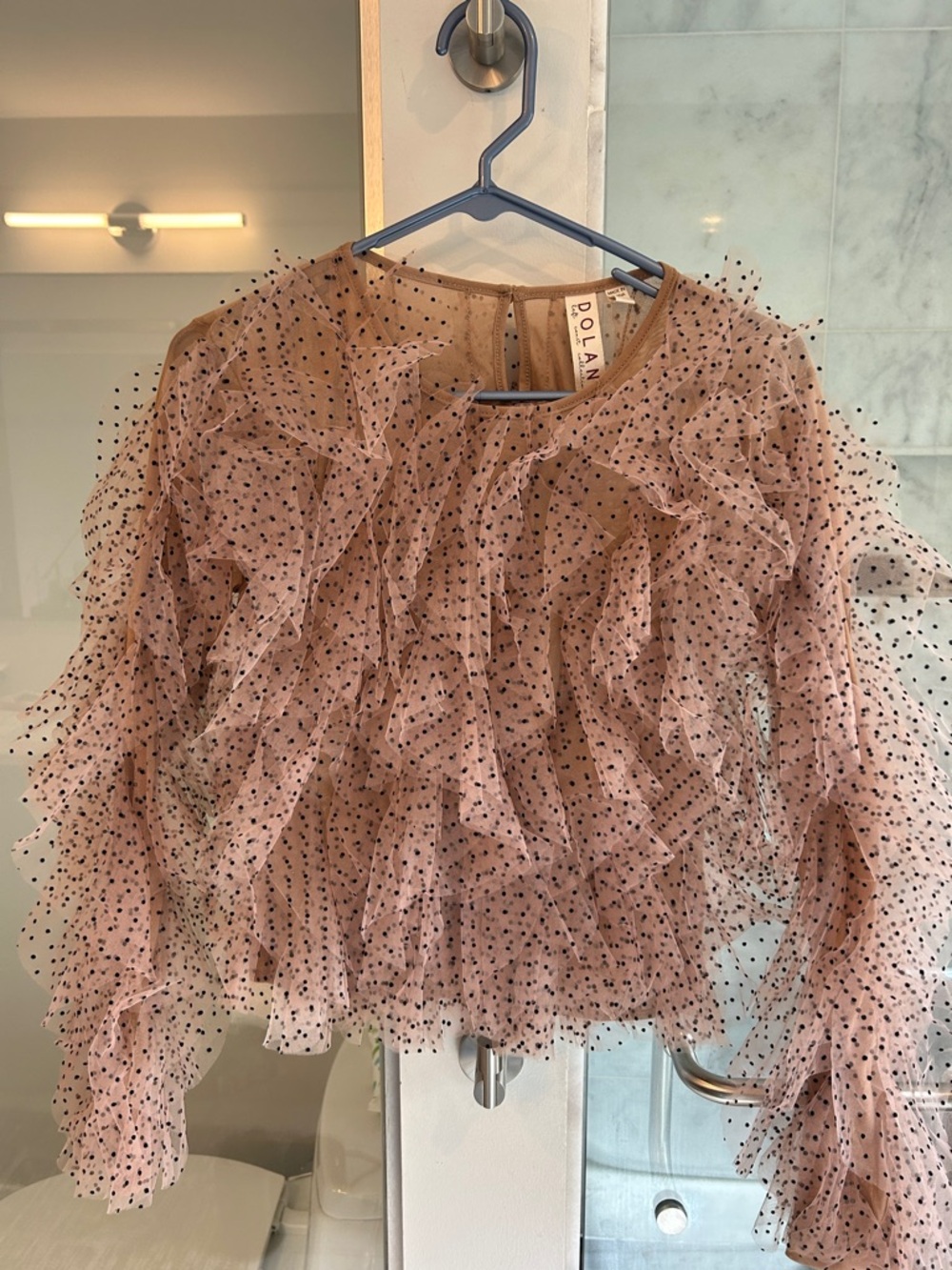 dolan Blush Tan Polka Dot Ruffle Mesh Blouse
